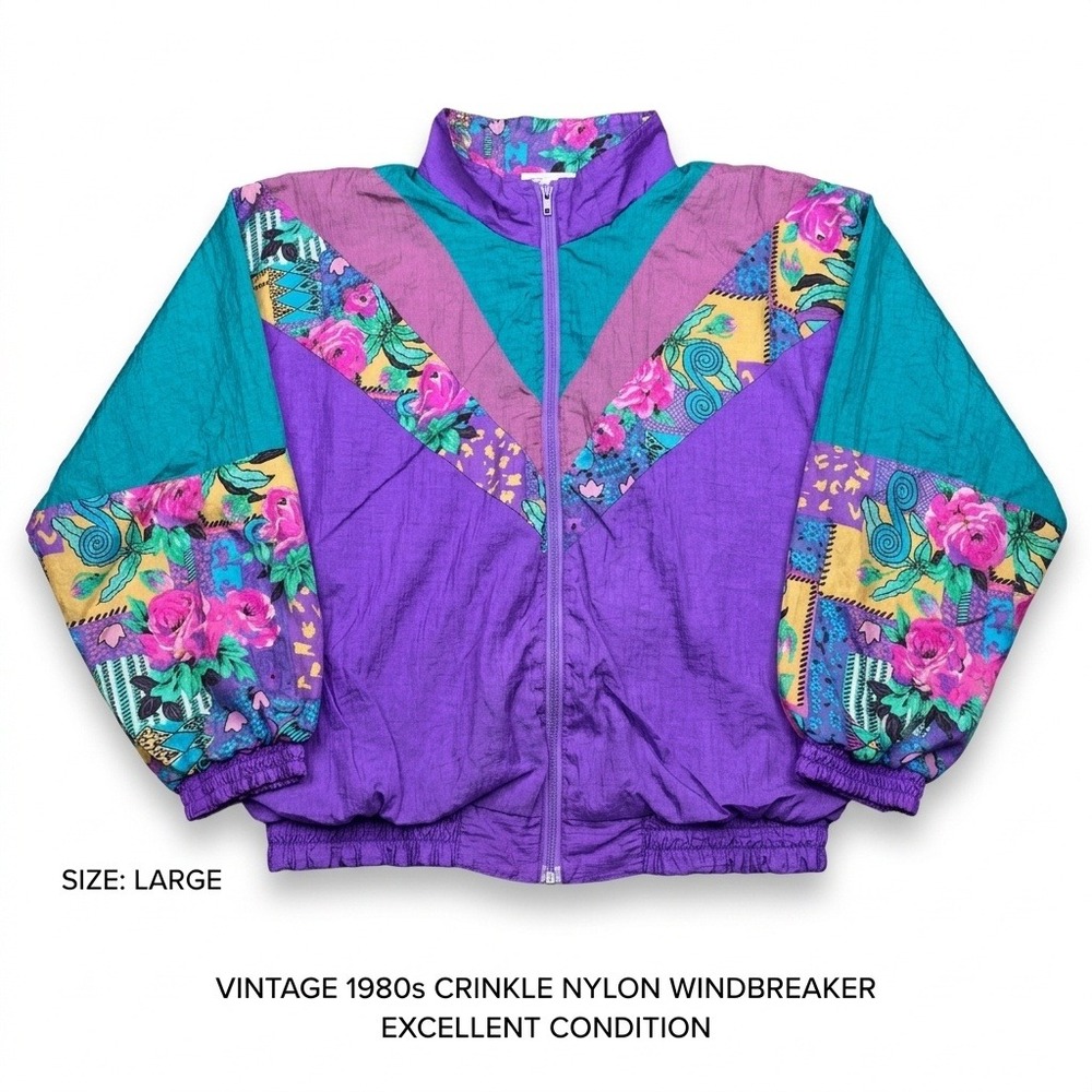 VTG 90s Wild Cat Floral Windbreaker Jacket L Unisex Retro Hip Hop Crinkle Nylon